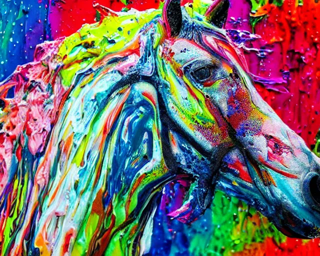 Image similar to still shot close up footage of the portrait of a horse head made of acrylic pour and coloured powder explosion and splashing paint and dripping paint and flying paint chunks, motion blur, hyperrealistic, medical, intricate art photography, anatomically correct, realistic crisp textures, 1 6 k