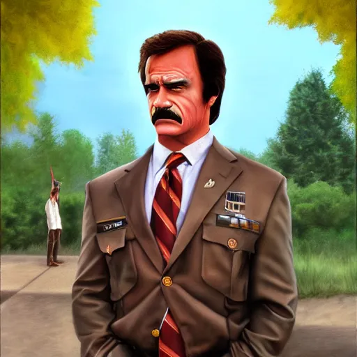 Image similar to ron burgandy as rambo in a park, hyperrealistic, hyperdetailed, political cartoon, concept art, oil painting