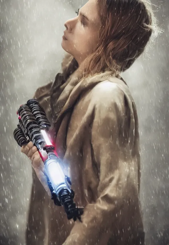 Image similar to cute model annie leonhart holding a lightsaber, beautiful face, detailed face, realistic eyes, cinematic lighting, rainy weather, melancholy atmosphere, volumetric light, realistic reflections, model agency, instagram photo, shot on sony a 7 iii, beauty filter, postprocessing