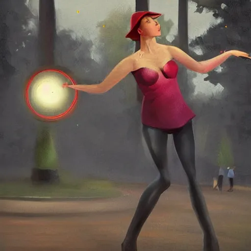 Image similar to woman juggling in the park. Oil painting. Digital painting. Art station. Mood lighting. highly detailed, concept art, intricate, sharp focus, einar jonsson , man ray