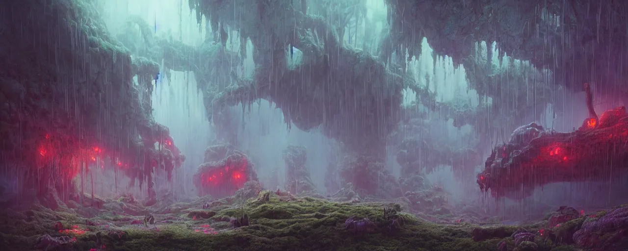 Image similar to ” fog, mycelium, roots, deep cavern, [ moist, wet, dripping, cinematic, detailed, epic, widescreen, opening, establishing, mattepainting, photorealistic, realistic textures, octane render, art by paul lehr ] ”