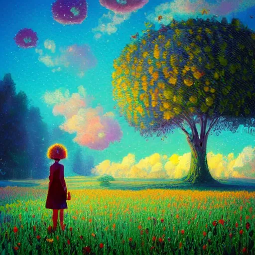 Image similar to girl with giant flower as a face, flower field, big trees, sunrise dramatic light, impressionist painting, colorful clouds, digital painting, pointillism, artstation, simon stalenhag