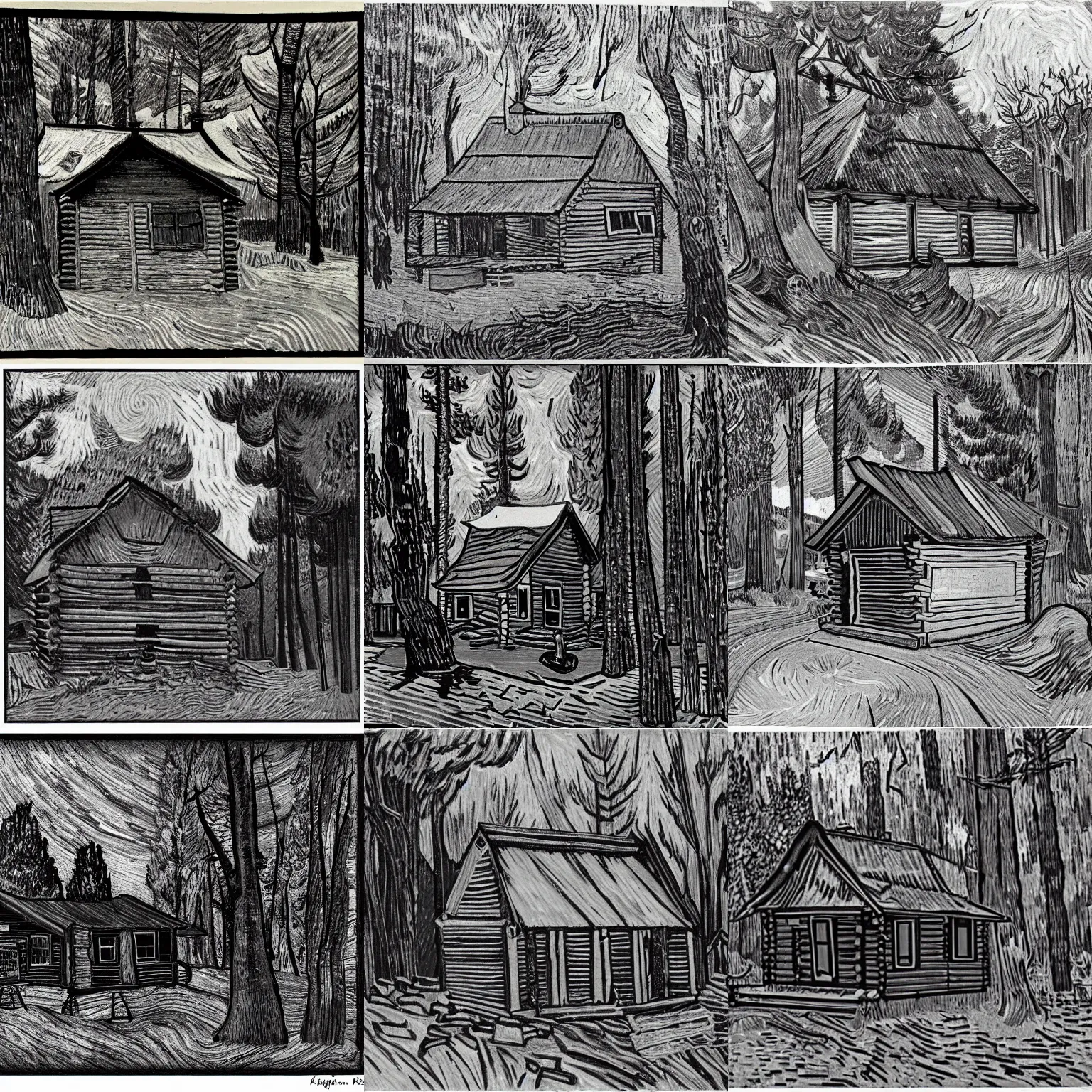 Prompt: [ a log cabin in the forest ] [ van gogh ] [ monochrome ]