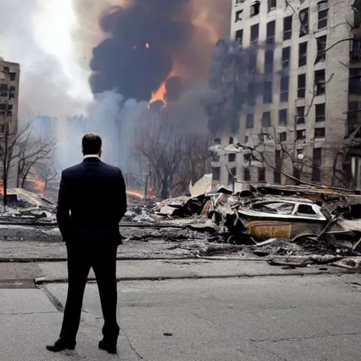 Prompt: man wearing a suit and a goose mask looking at an explosion in new york, ruined buildings, rubble, fire from hands