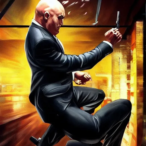 Image similar to agent 4 7 drop kicks battler off top of the cell, realist painting