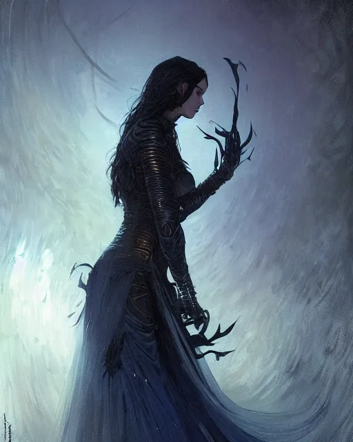 Image similar to a beautiful woman dark hair in an armor with dark eyes, elegant, dark blue, ethereal horror fantasy art by greg rutkowski and magali villeneuve and claude monet