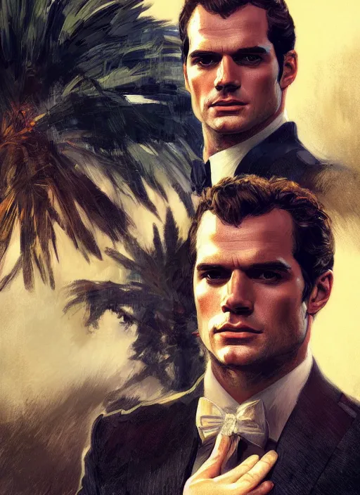 Image similar to portrait of henry cavill as james bond, key art, palm trees, vintage aston martin, highly detailed, digital painting, artstation, concept art, cinematic lighting, sharp focus, illustration, by gaston bussiere alphonse mucha