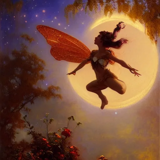 Image similar to attractive fairy magically floating high in the night, fantasy, full moon in background. highly detailed painting by gaston bussiere, craig mullins, j. c. leyendecker, mid shot, 8 k