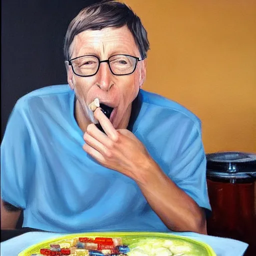 Image similar to an hyper realistic oil painting of Bill Gates eating pharmaceutical products, sitting at a table with a plate full of syringes and pills, looking very sad, trending on artstation,