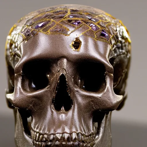 Image similar to human skull made of obsidian and amethyst, gold runic carvings