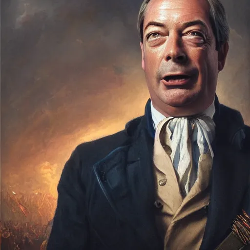 Prompt: Portrait of Nigel Farage, french revolution, heroic, passion, pride, amazing splashscreen artwork, splash art, head slightly tilted, natural light, elegant, intricate, fantasy, atmospheric lighting, cinematic, matte painting, detailed face, by Greg rutkowski