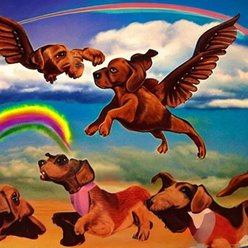 Prompt: flying dachshunds with wings over the rainbow