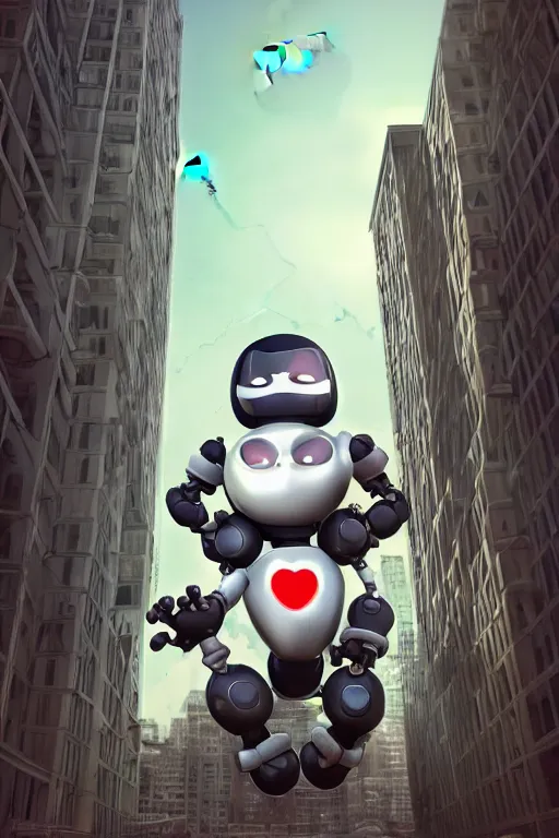 Image similar to evil giant baby with a robo arm and a robo eye in a diaper is taller than office buildings, goes destroying buildings under his feet, art, illustration, 3 d, render