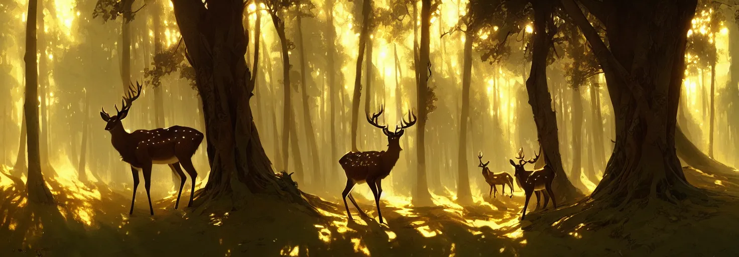 Image similar to Deer in Sherwood Forest, full frame, highly detailed, digital painting, artstation, concept art, smooth, sharp focus, illustration, art greg rutkowski and alphonse mucha