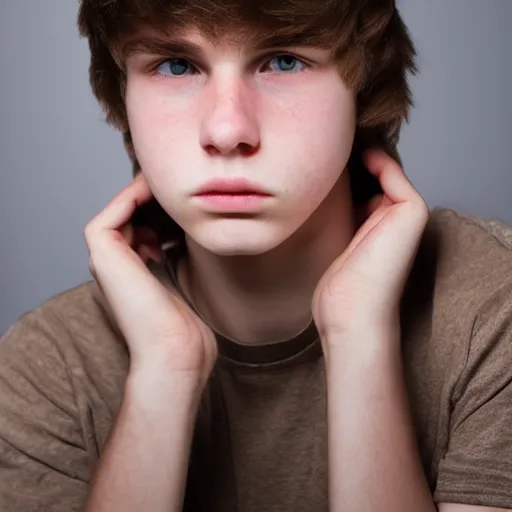 Image similar to Portrait of a sad looking teenage boy, around 21 yo, natural brown hair and smooth pale skin. Detailed face and eyes. Award winning photograph.