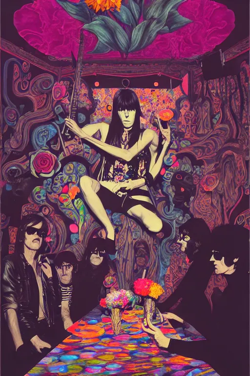 Prompt: the velvet underground and nico playing live on stage at a night club, unusual perspective with nico in the center, beautiful stage decoration with flowers in the background, painting by james jean, very detailed and colorful and toned down and ornamental and moody and cool and relaxed and high on drugs, trending on artstation, behance contest winner