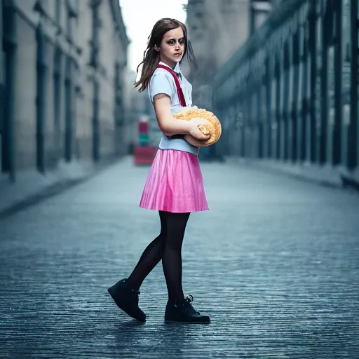 Image similar to photo of cute emma watson as schoolgirl, holding mesh bag with bagels, street of moscow, shallow depth of field, cinematic, 8 0 mm, f 1. 8