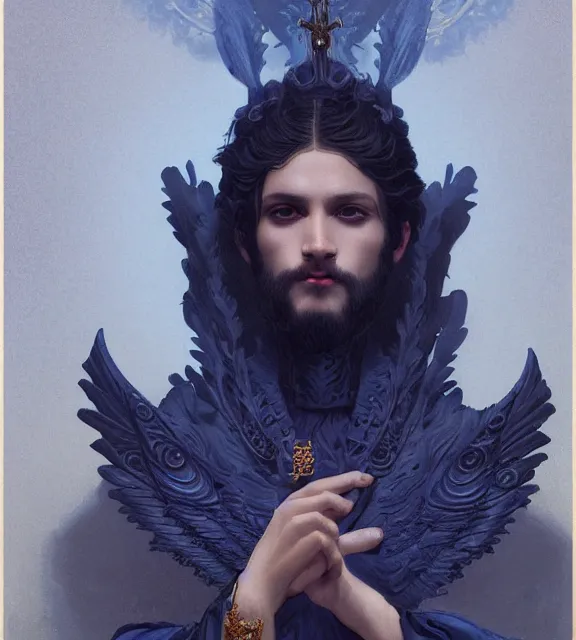 Image similar to portrait of a god of death, young male, in the underworld, elegant dark blue dress, very detailed, throne, very intricate details, jewelry, gold eyes, elaborate long black hairstyle, wings, cinematic, artstation, william bouguereau, alphonse mucha, greg rutkowski, rossdraws, octane render