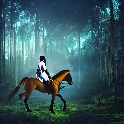 Image similar to arrows struck astronaut riding a horse in a fantasy forest, landscape, morning ambience, cinematic, digital art, front lit, epic, cinematic