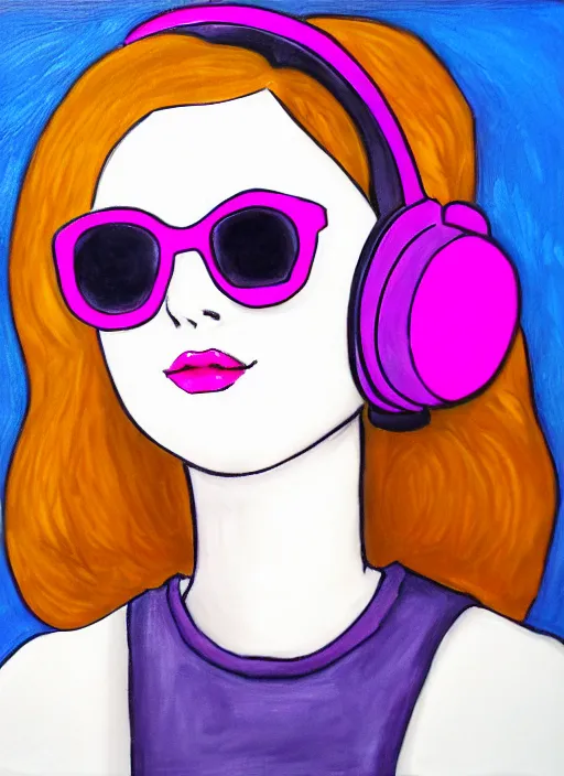 Prompt: portrait of a girl, with big headphones on her head, wearing rose - colored glasses, art by lelevina