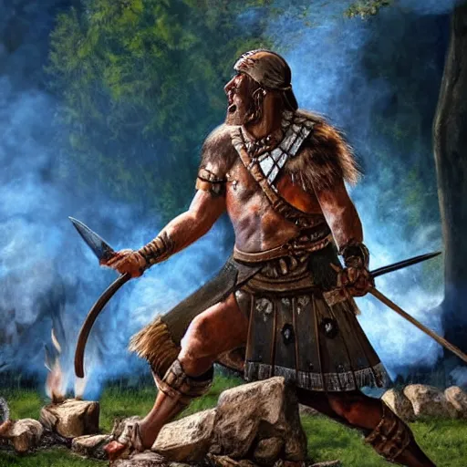 Prompt: tchno - neolithic warrior warlord preaching around the fire to a crowd, cave background, photorealistic hd,