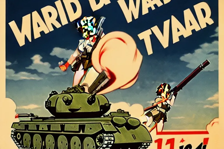 Image similar to 1940s, war, anime, poster, smiling tanks