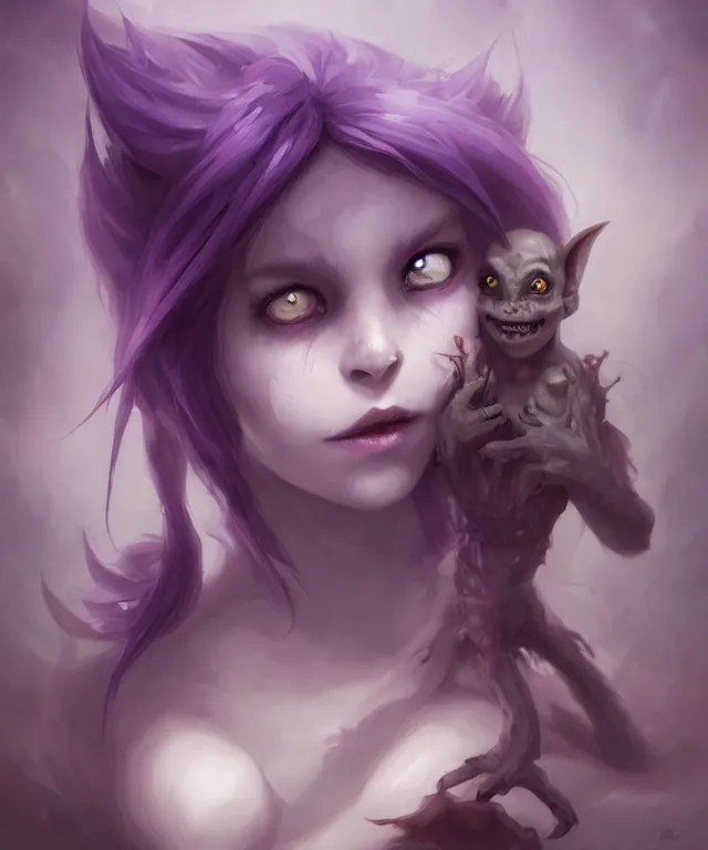 Prompt: cute friendly demon with purple skin meets cute friendly goblin by charlie bowater and titian and artgerm, intricate, face, cavern, elegant, beige mist, beautiful, large grey eyes, highly detailed, dramatic lighting, sharp focus, trending on artstation, artstationhd, artstationhq, unreal engine, 4 k, 8 k