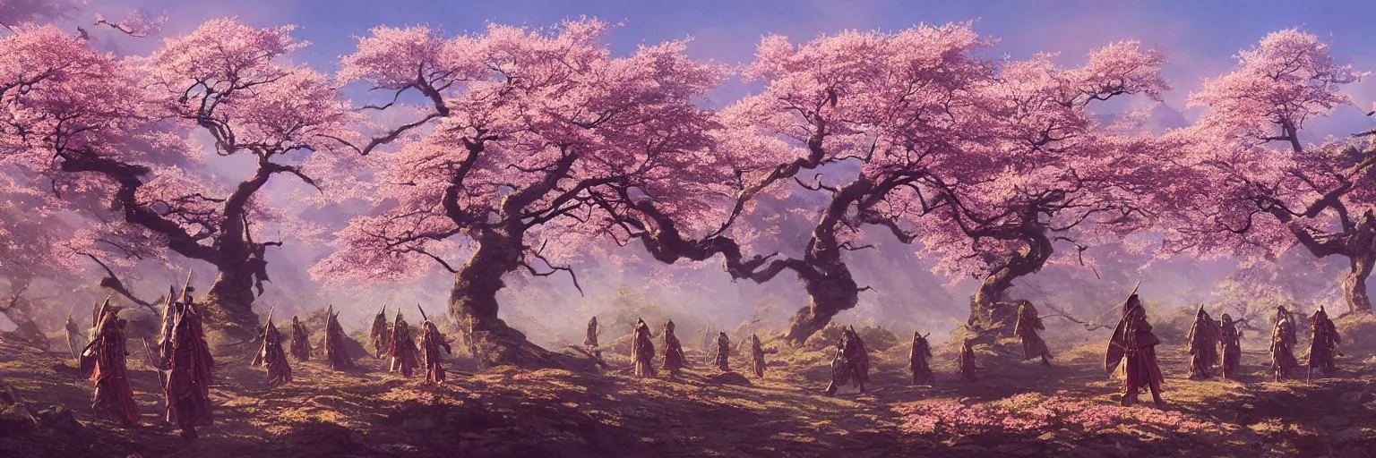 Prompt: awe-inspiring bruce pennington landscape digital art painting of two groups of samurai meeting in battle in Feudal Japan, cherry blossoms on trees, 4k, matte