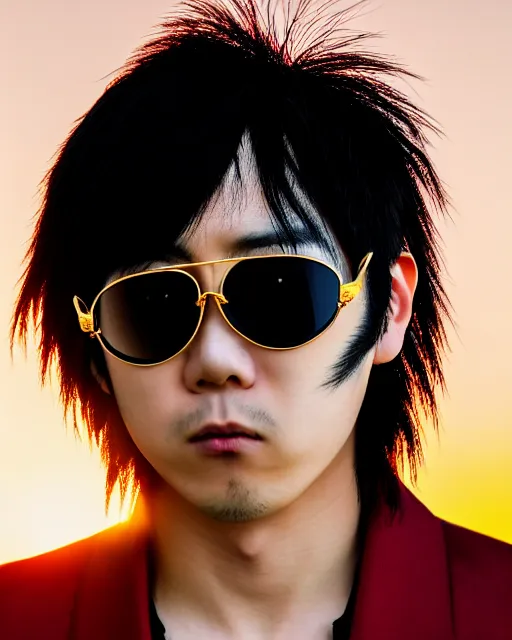 Prompt: realistic photography portrait of young japanese male rock singer, with black sunglasses with a black mullet, golden hour lighing, intricate, elegant, highly detailed, sharp focus,