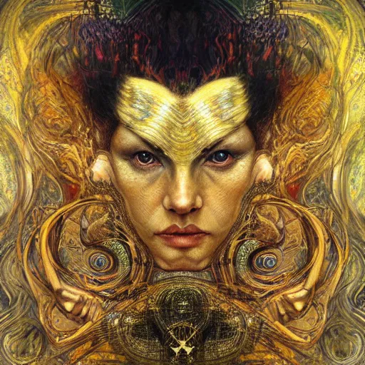 Image similar to Divine Chaos Engine portrait by Karol Bak, Jean Deville, Gustav Klimt, and Vincent Van Gogh, celestial, sacred geometry, visionary, mystic, fractal structures, ornate gilded medieval icon, spirals