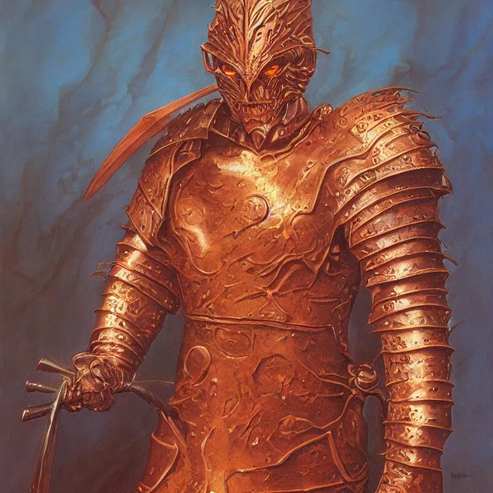 Prompt: portrait of a demonic warrior in copper armor, by michael whelan, fantasy art oil on canvas