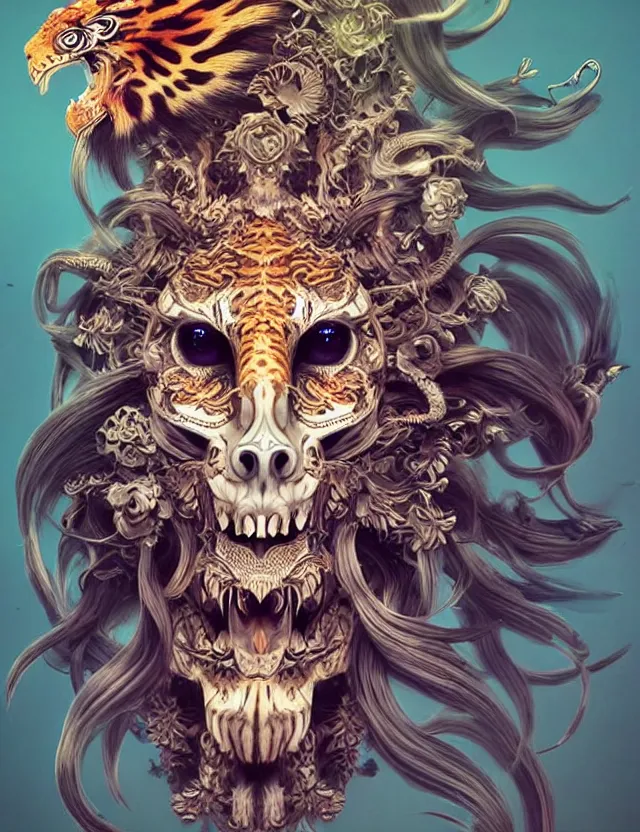 Image similar to 3 d goddess tiger skull half - turn portrait with long hair with ram skull. beautiful intricately detailed japanese crow kitsune mask and clasical japanese kimono. betta fish, jellyfish phoenix, bio luminescent, plasma, ice, water, wind, creature, artwork by tooth wu and wlop and beeple and greg rutkowski