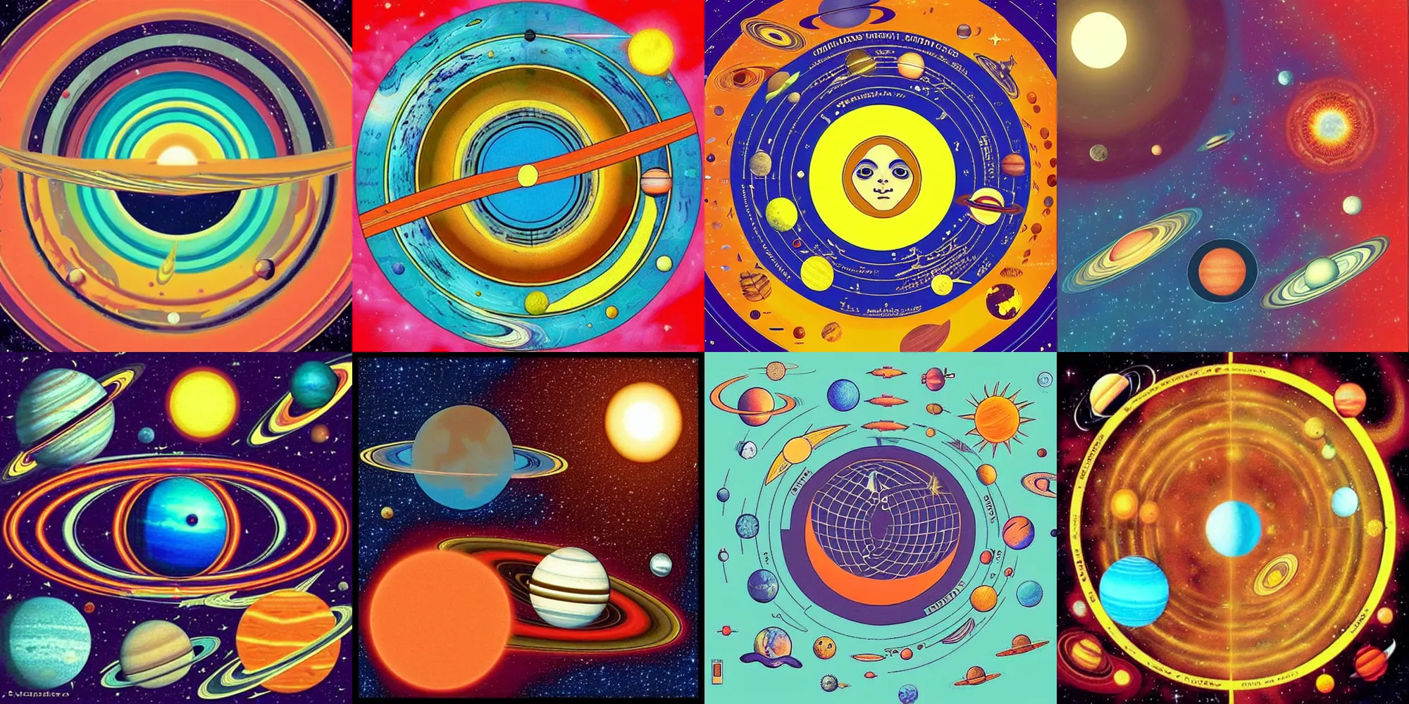 Prompt: “A solar system where the sun is a sea lion and the planets are salmon, style of 70s trippy animation”