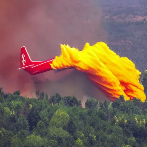 Prompt: a antonov airplane ( with yellow and red paint like a fire plane ) extinguishing a forest fire with absurd amounts of water, artistic photo