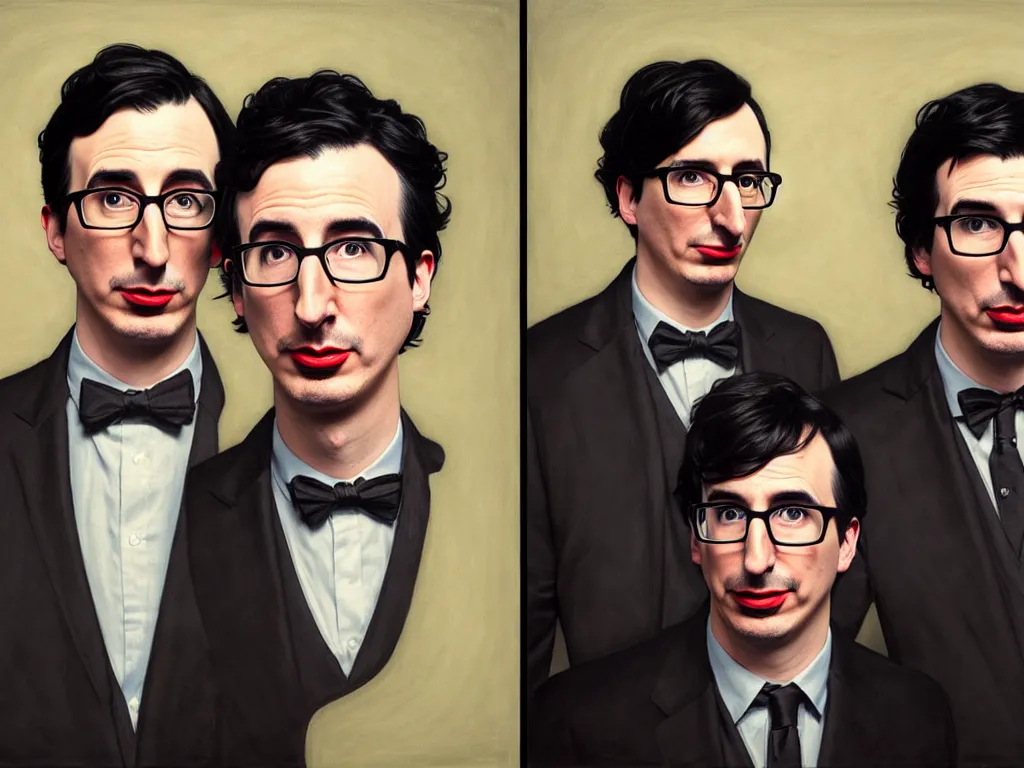 Image similar to photo booth, painting of both john oliver and adam driver together, john oliver in front, full body, elegant, beautiful, highly detailed, centered, dark, smokey, digital painting, concept art, smooth, sharp focus, illustration, deviant art, art by artgerm, art by greg rutkowski, art by alphonse mucha