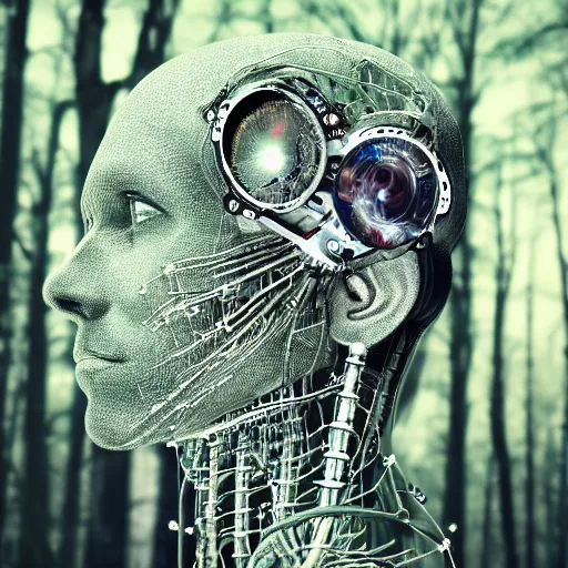 Image similar to very detailed portrait 55mm photo of a mechanical head without skin, with crystal bones and optic fiber nerves, gears in his head and cybernetic enhancements. Has cameras for eyes. In the forest with bokeh. Ray tracing and tessellation. Very sharp high detailed 8k image