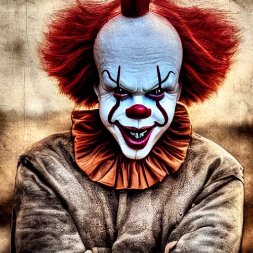 Image similar to Homeless portrait of Pennywise in scrappy clothing, HD, award winning photograph