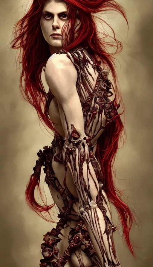 Image similar to woman skeleton body!!, black bones!!, covered with blood, alexandra daddario face!!, long red hair, ultra realistic, concept art, intricate details, highly detailed, photorealistic, octane render, 8 k, unreal engine. retro film still, heavy grain, 3 5 mm, art by artgerm and greg rutkowski and alphonse mucha