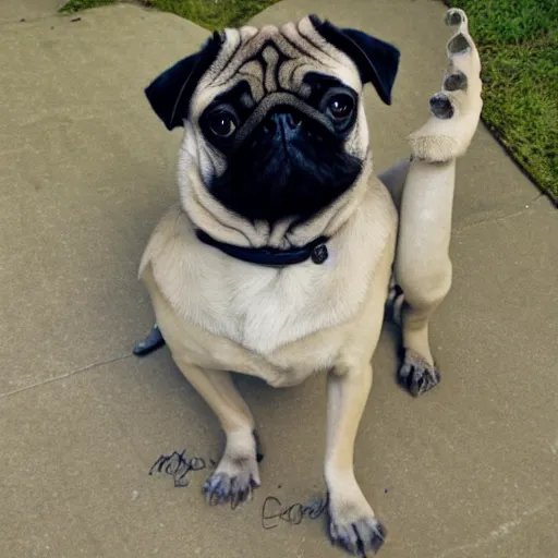 Image similar to a pug with human legs, chimaera, photo