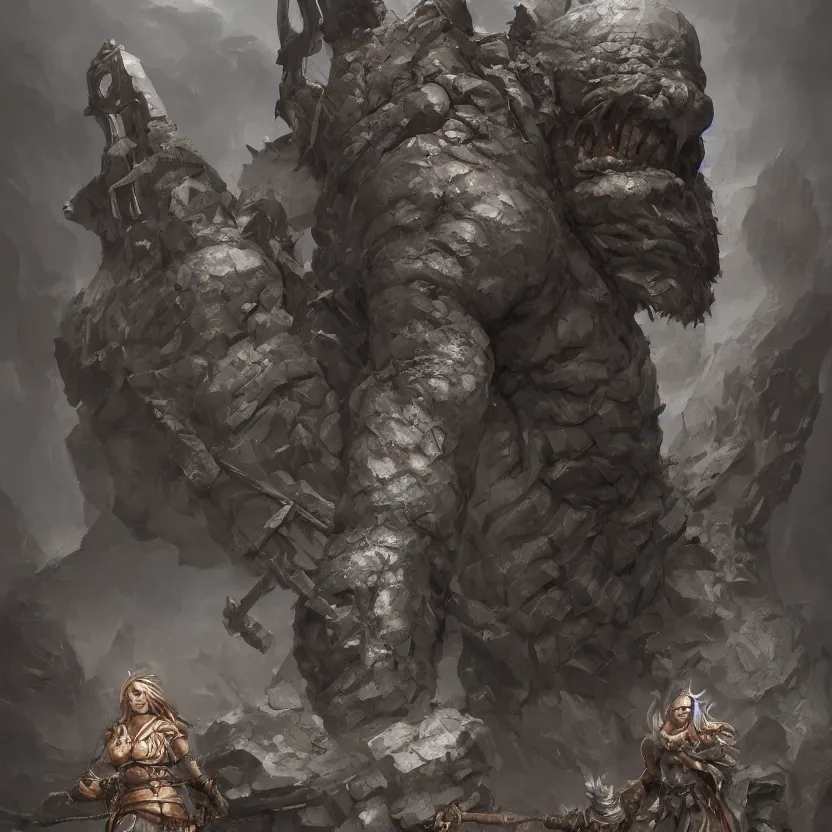 Image similar to a stone giant guards the village gates, concept art, beautiful design, sharp, fantasy aesthetic, highly detailed, artgerm, trending on artstation, award - winning,