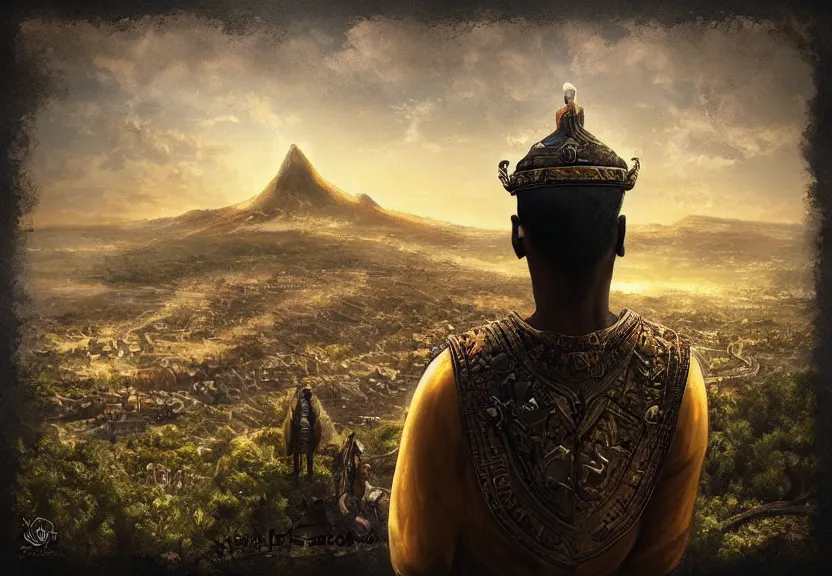 Image similar to “king, looking over his civilization from the top of the hill, digital art, award winning, 4k”