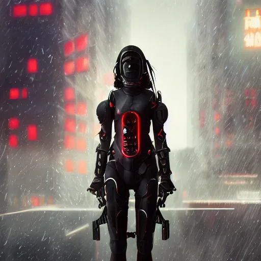 Prompt: An realistic epic fantastic comic book style portrait painting of a female cyber samurai by WLOP, black and reddish color armor, cyberpunk feel raining at tokyo rooftop, Concept world Art, unreal 5, DAZ, hyperrealistic, octane render, cosplay, RPG portrait, dramatic lighting, rim lights