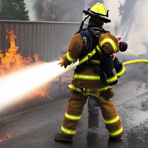 Image similar to a firefighter extinguishing a fire with a flamethrower