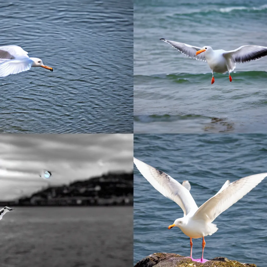 Prompt: photo of a seagull about to attack the viewer