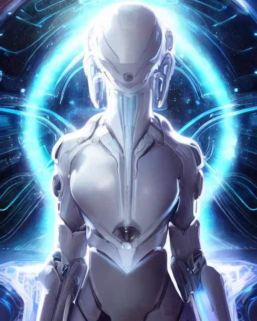 Image similar to photo of an android girl on a mothership, warframe armor, beautiful face, scifi, futuristic, galaxy, raytracing, dreamy, perfect, aura of light, pure, white hair, blue eyes, glow, insanely detailed, artstation, innocent look, art by gauthier leblanc, kazuya takahashi, huifeng huang
