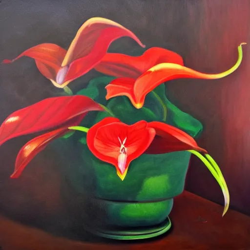 Prompt: anthuriums, oil painting, wide strokes