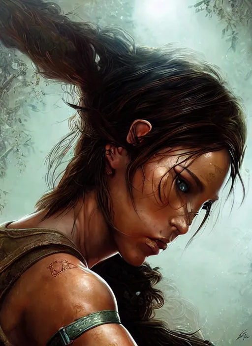 Prompt: Lara Croft as Tomb raider, intricate details, art by Artgerm and Karol Bak