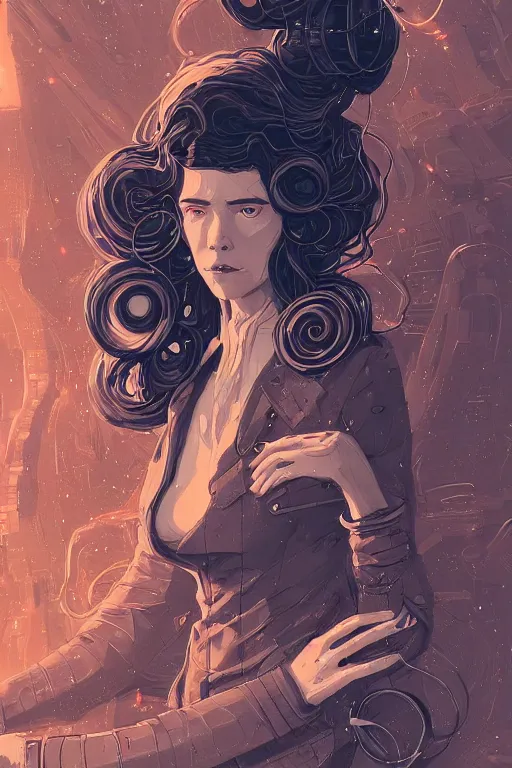 Image similar to highly detailed portrait of sci - fi long curly blue haired lady, stray wiring by atey ghailan, james gilleard, by joe fenton, by greg rutkowski, by greg tocchini, by kaethe butcher, 4 k resolution, gradient red, orange, black and white color scheme!!! ( ( nebula dystopian city spiral background ) )