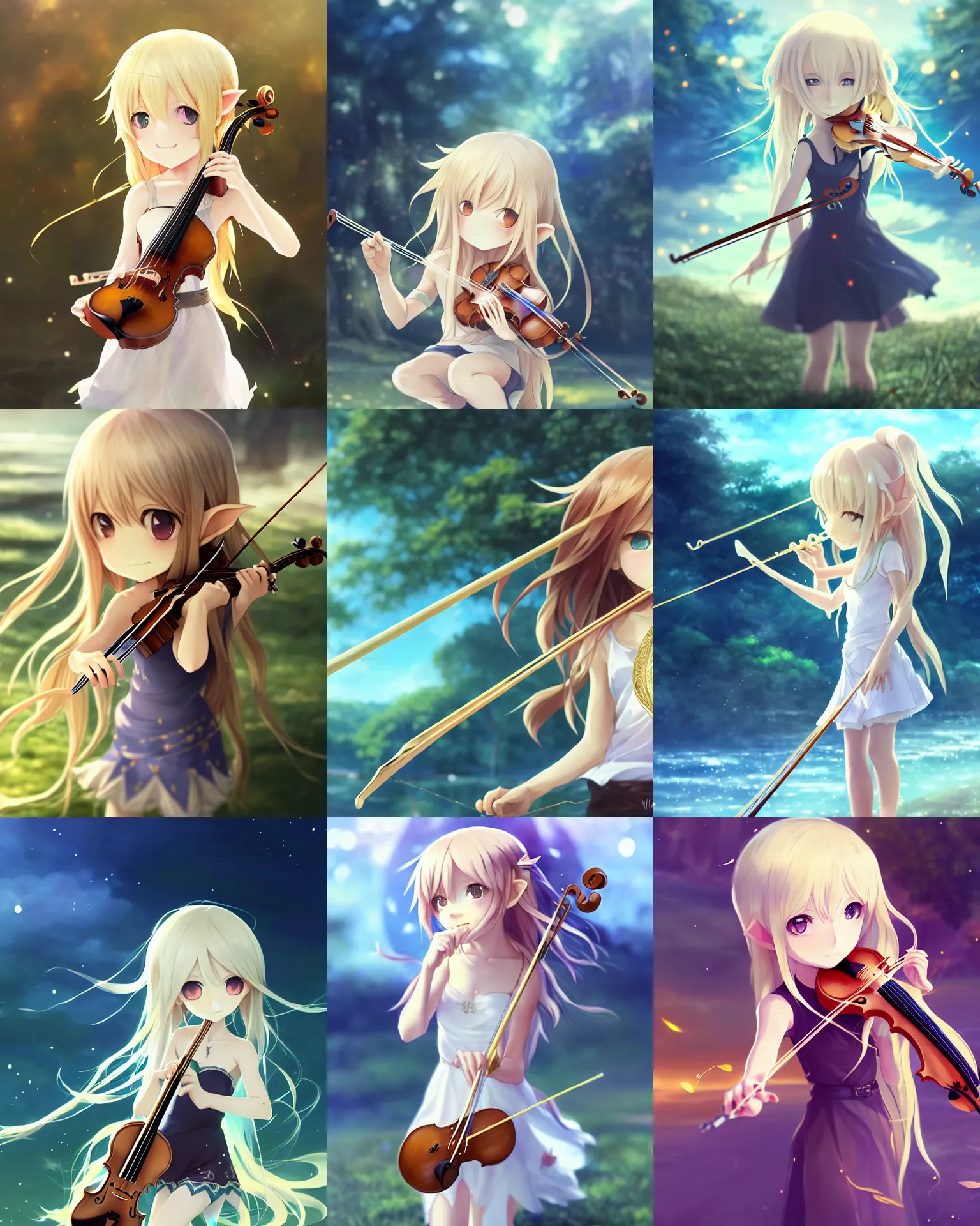 Prompt: chibi, cute, female, full body, elf girl with white skin and golden long wavy hair, holding a violin and playing a song, stunning art style, trending art, sharp focus, centered, landscape shot, fate zero, simple background, studio ghibly makoto shinkai yuji yamaguchi, by wlop