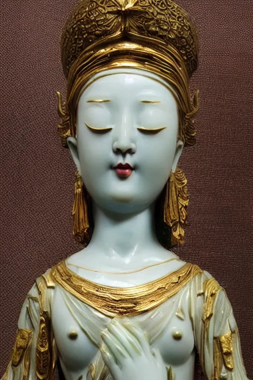 Image similar to mnemosine goddess statue sculpted in polished chinese porcelain with gold foils covering his head, made by antonio corradini, ultrarealistic, detailed, 8 k